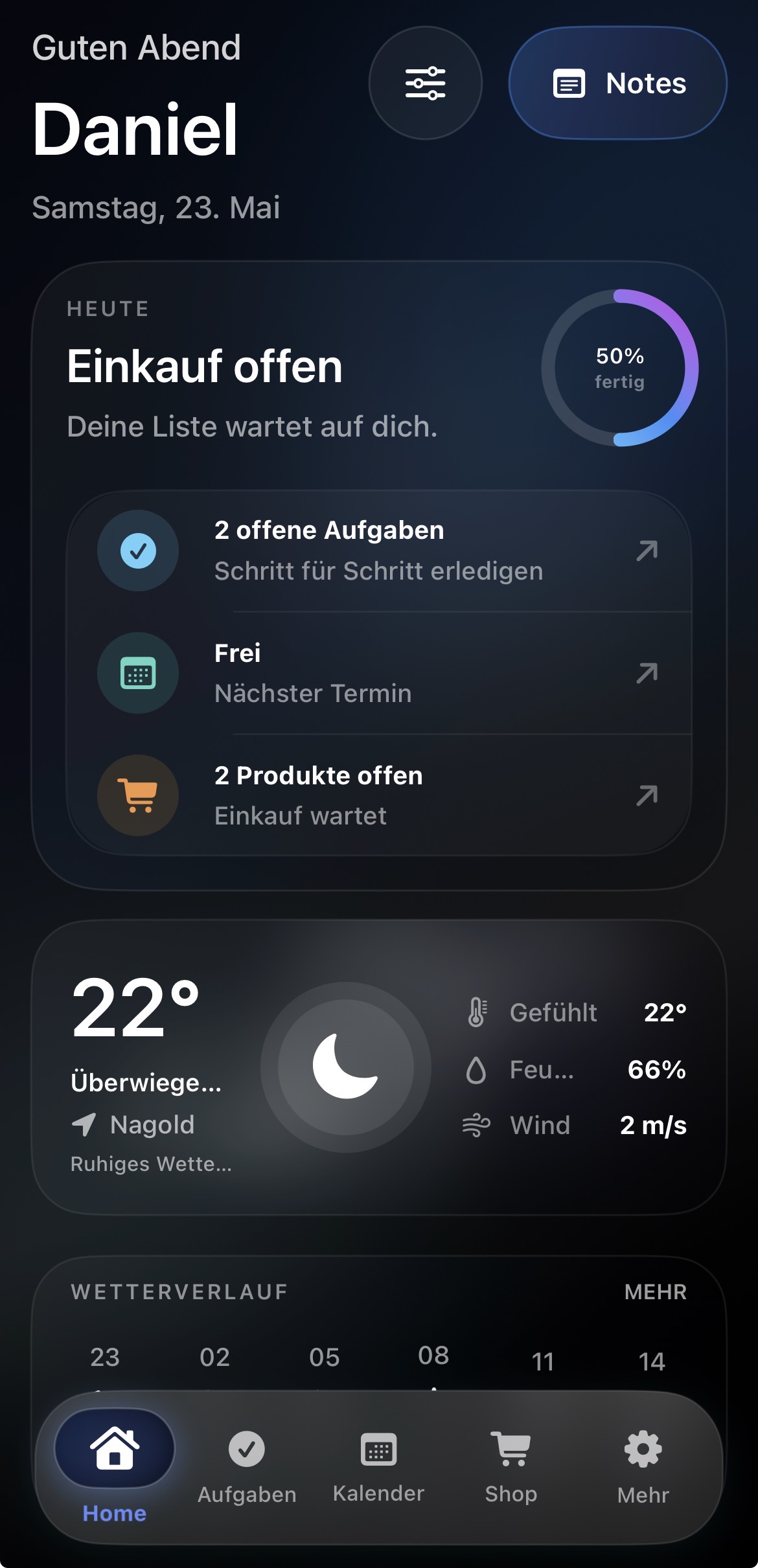 NexDay HomeView Dashboard auf einem Apple Gerät