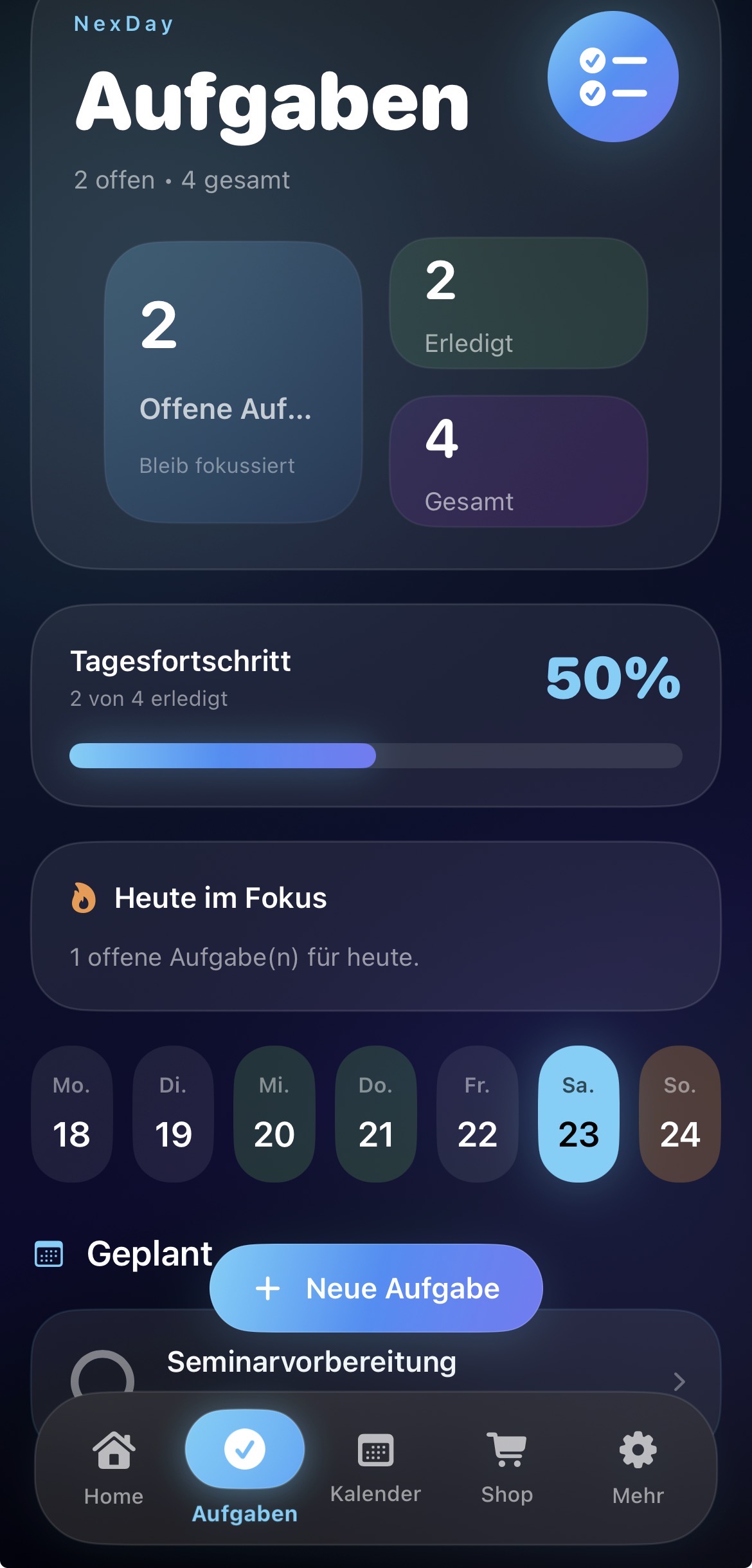 NexDay Aufgaben Ansicht